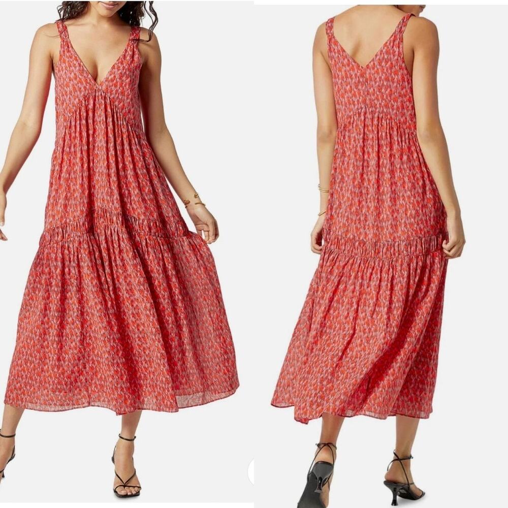 Joie Bondi Cotton Maxi Dress XXL Red Pink Abstract Empire Babydoll Sundress